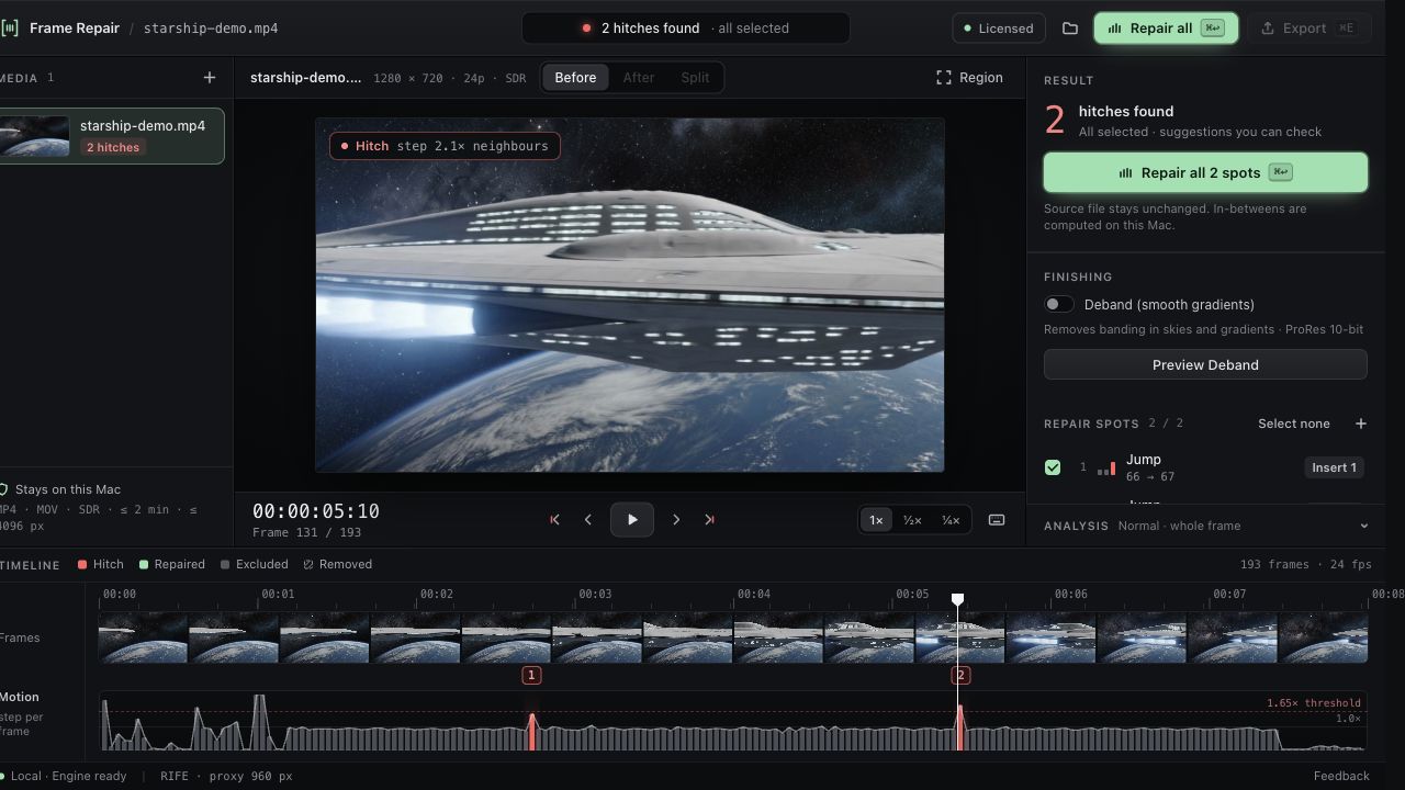 Frame Repair app after analysis: a starship clip in the viewer, two red hitch markers in the motion timeline below, and a Repair all button in the inspector.