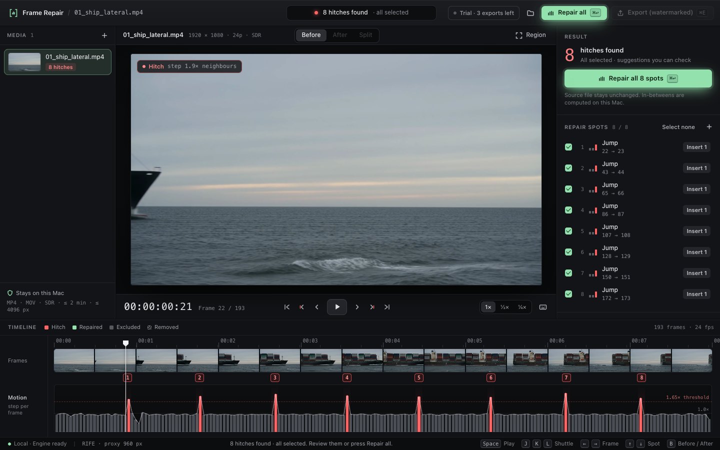 Frame Repair app after analysis: a container ship clip in the viewer, eight red hitch markers in the motion timeline below, and a Repair all button in the inspector.